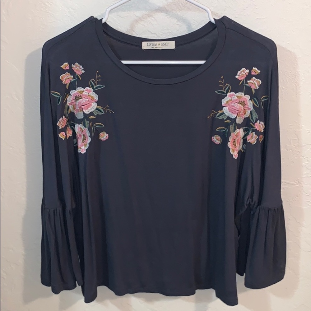 dark gray flower embroidered shirt